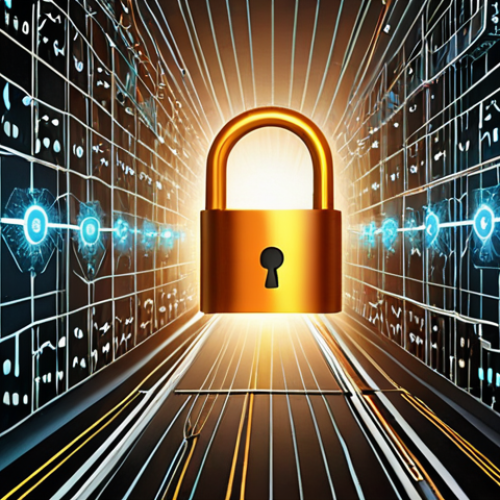 Home 18 ** A stylized illustration of data flowing through a network, protected by layers of encryption (AES & RSA). Visual elements representing keys (public and private), firewalls, and secure servers should be included. The overall feel is secure and technologically advanced, with a focus on conveying the concept of data protection.
**