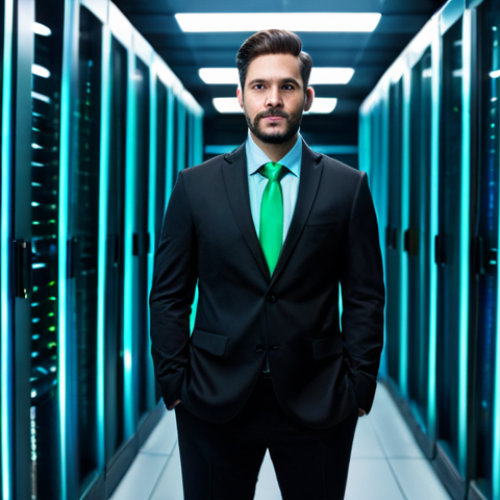 Home 17 A professional cybersecurity expert, fully clothed in a modest, dark business suit, stands confidently amidst rows of glowing server racks in a secure, futuristic data center. The scene is well-lit with cool blue and green ambient light reflecting off the metallic surfaces. The atmosphere is calm and focused, emphasizing robust digital protection, safe for work, appropriate content, perfect anatomy, correct proportions, natural pose, well-formed hands, proper finger count, professional photography, high quality.