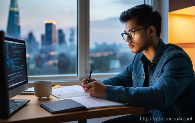 정보보안 실기 시험 대비 효과적인 학습 계획 - A focused cybersecurity student, dressed in comfortable yet smart casual clothes, is deeply engrosse...