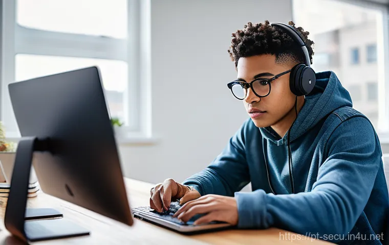 정보보안기사 취득 후 대기업 정보보안 팀 합류기 - **Prompt:** A young, diverse adult (male or female) deeply engrossed in learning cybersecurity. They...