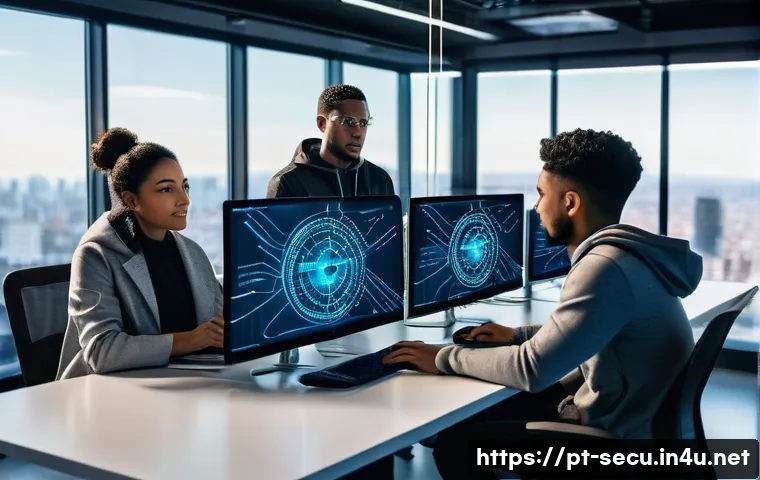 정보보안 자격증을 활용한 스타트업 취업 후기 - **Prompt:** A diverse group of young, enthusiastic cybersecurity professionals, male and female, of ...