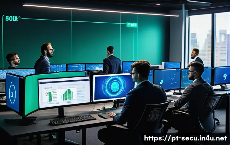 정보보안 자격증을 활용한 이직 준비 전략 - A professional workspace scene showing a diverse group of cybersecurity specialists engaged in a han...