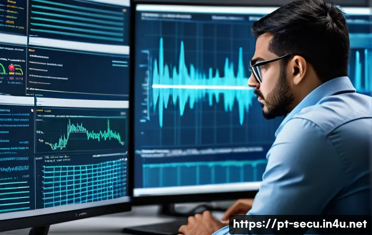 정보보안 실기 시험에서 많이 나오는 시뮬레이션 문제 - A detailed and realistic scene of a cybersecurity analyst working in a modern Brazilian office, moni...